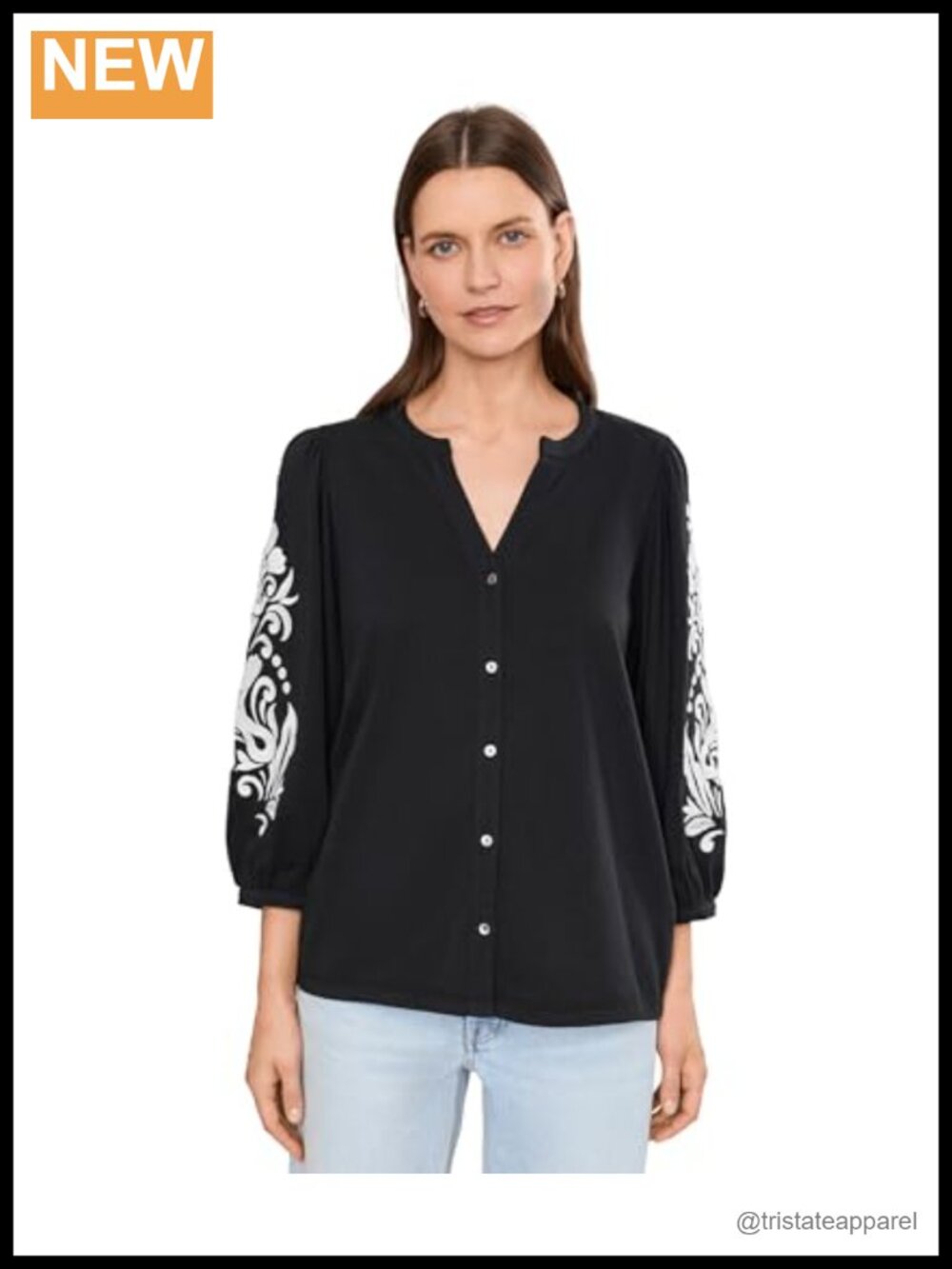 NYDJ Women's Embroidered Blouse Cotton Long Sleeve Split Neck